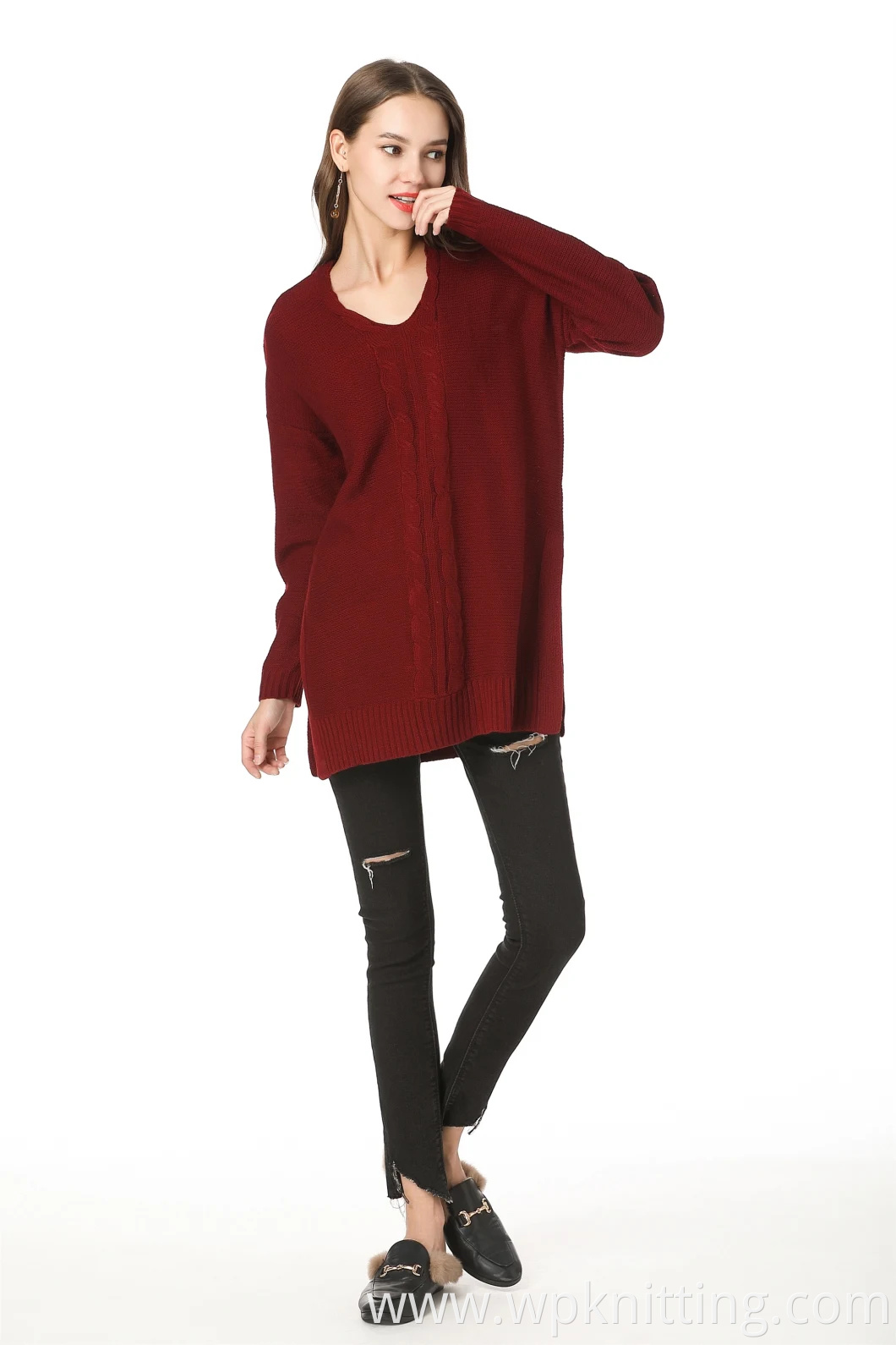 V-Neck MID-Length Knitwear Over Size Clothing Women Pullover Sweater